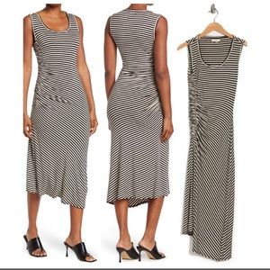 MAX STUDIO STRIPE RUCHED WAIT SLEEVELESS MIDI DRESS BLACK/ HEATHER BONE STRIPE